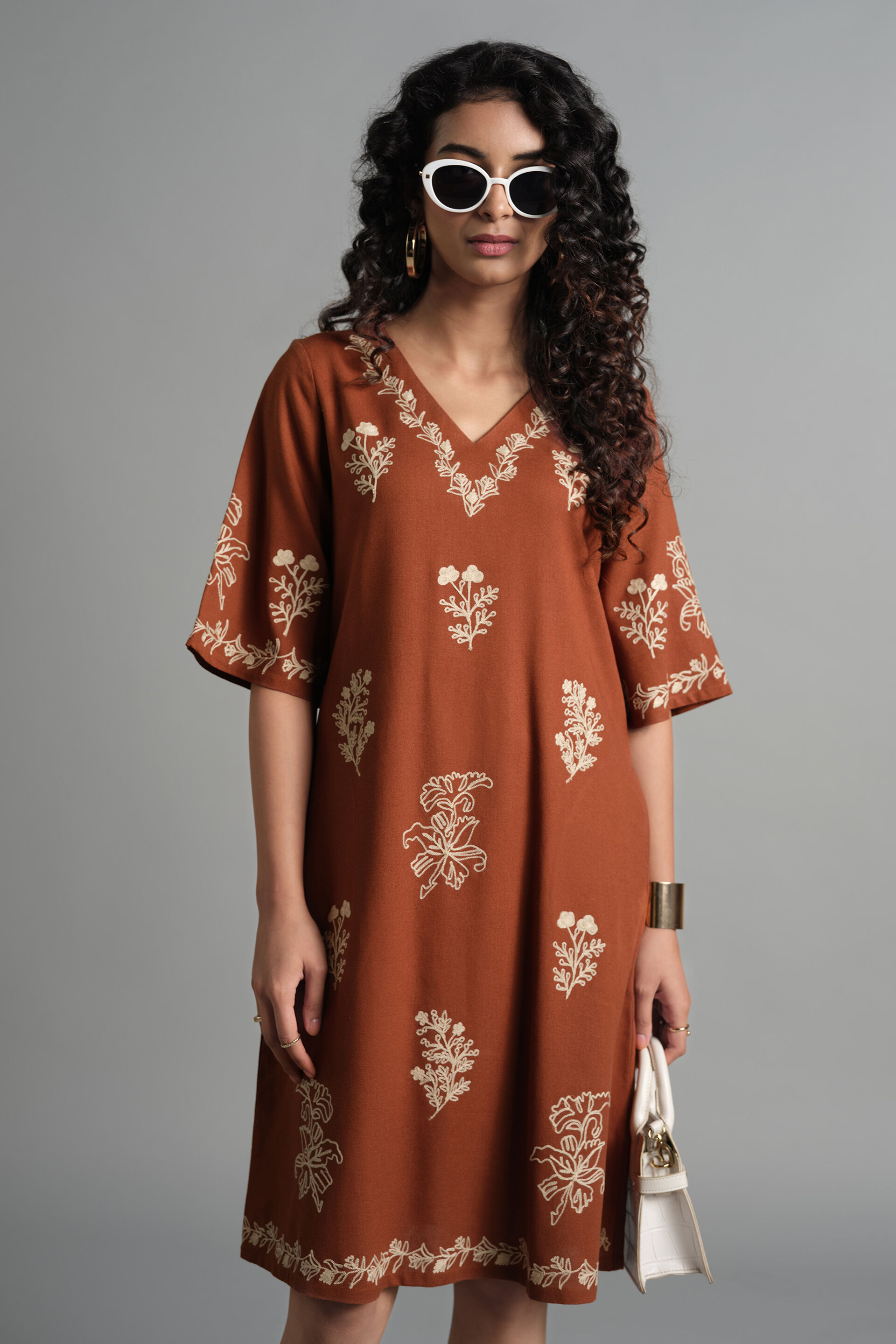 Floral Terracotta Dress, Brown, image 3